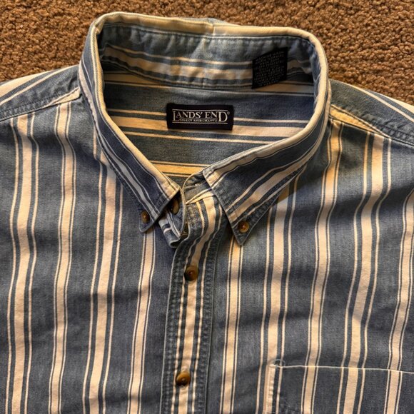Lands End‎ Brush Popper Shirt Mens XL Striped Long Sleeve Cotton Thick Workwear - Picture 4 of 7